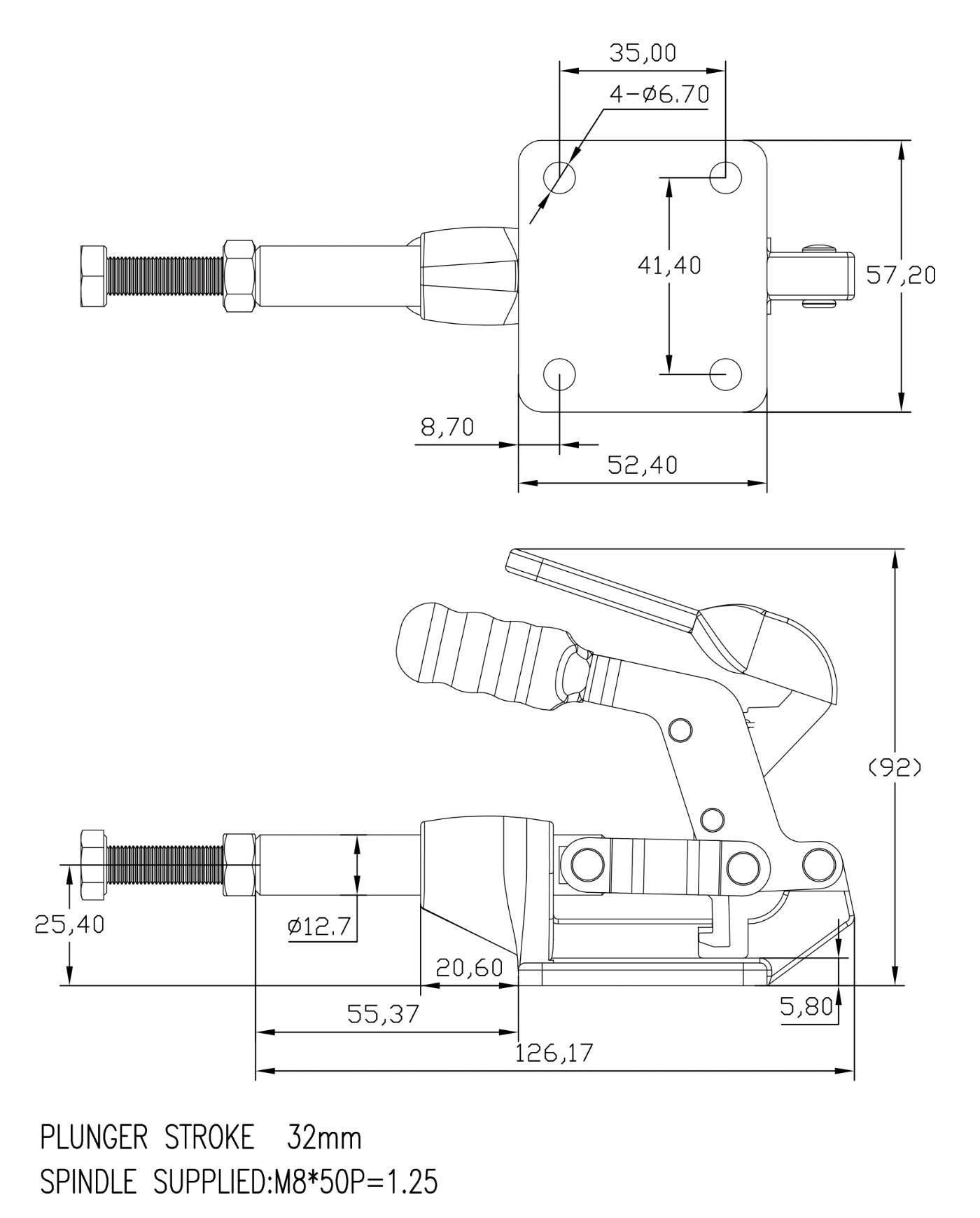 DST-304-CMT Technische Zeichnung Schubstangenspanner mit Verriegelung und Gusskoerper